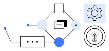 Geometric shapes, connecting lines, gear, diagrams, and a signal concept. Ideal for technology, networking, innovation, systems connectivity data flow and simple landing pageのイラスト素材