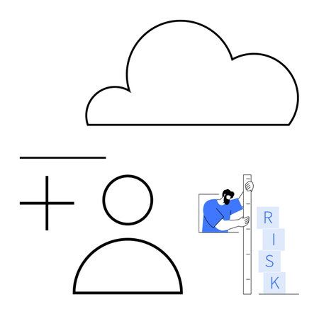 Cloud outline, user icon, plus and line shapes, person interacting with risk blocks. Ideal for technology, data security, teamwork, innovation, decision-making strategy simple landing pageのイラスト素材