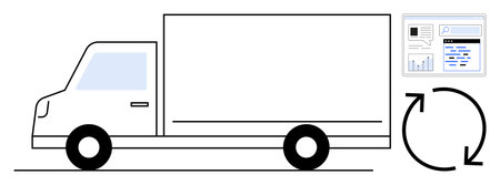 Truck illustration next to analytics dashboard and circular arrow indicating recycling. Ideal for...