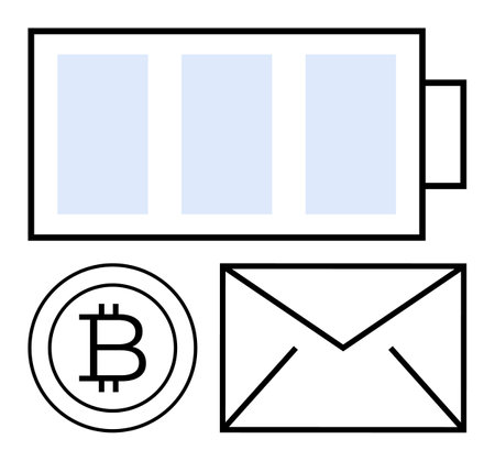 Battery with three bars, Bitcoin coin, and envelope illustrate energy, cryptocurrency, and communication. Ideal for technology, finance, digital transactions, messaging energy saving modern toolsのイラスト素材
