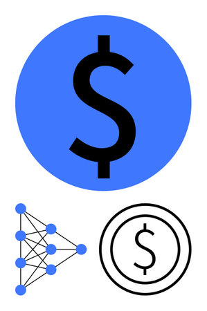 Bold dollar sign inside blue circle, network nodes connecting lines, and circular coin symbol. Ideal...