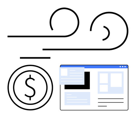 Currency symbol, wind lines indicating speed, and online interface screen emphasize a quick digital transaction process. Ideal for e-commerce, online payment, fintech, efficiency, speed, financeのイラスト素材
