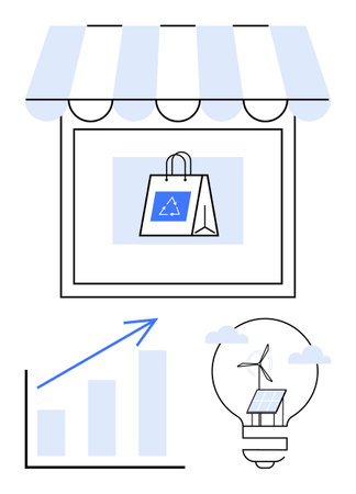 Storefront with eco-friendly bag, upward trend graph, wind turbine and solar panel inside light bulb. Ideal for green energy, sustainable shopping, eco-conscious growth, clean tech, innovationのイラスト素材