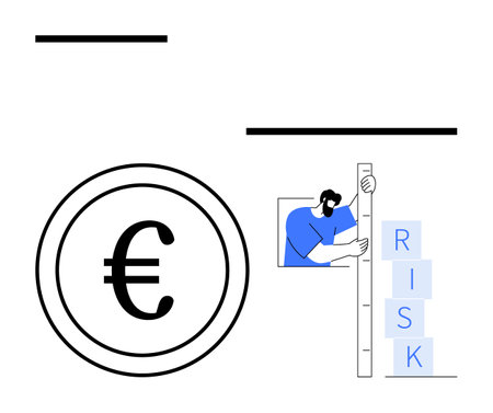 Circular euro currency symbol alongside a man evaluating risk with a ruler and stacked blocks. Ideal for finance, business, risk management, investment analysis, decision-making, banking, simpleのイラスト素材
