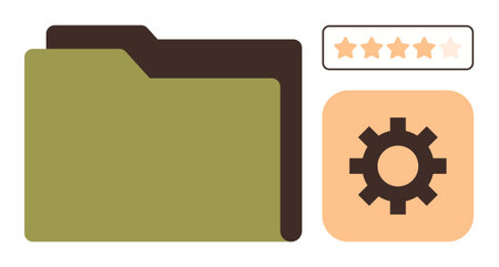 File folder in green, settings gear icon, and a star rating bar emphasize productivity and quality. Ideal for organization, settings, reviews, workflow, system, file management simple flat metaphorのイラスト素材