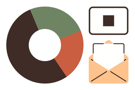 Pie chart with color segments, an open envelope holding paper, and a digital interface box. Ideal for email marketing, data analysis, business, communication, workflow, analysis simple flat metaphorのイラスト素材