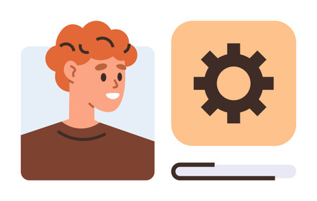 Smiling individual portrait beside a large gear icon symbolizing settings or customization. Ideal for user profile, preferences, interface, productivity, technology, software, simple flat metaphorのイラスト素材