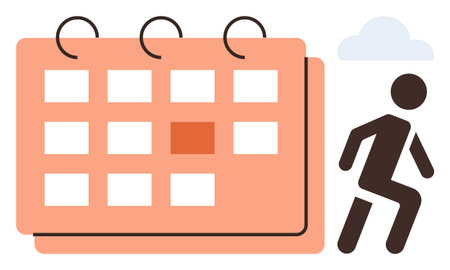 Calendar with highlighted date, person walking away, and cloud above. Ideal for planning, events, departure, time management, scheduling freedom productivity. Balanced simple flat metaphorのイラスト素材