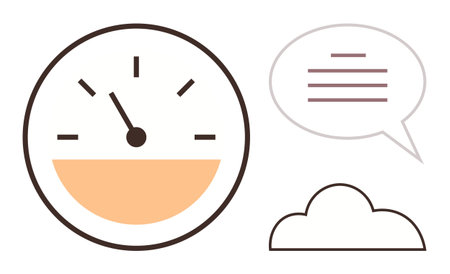 Dashboard-style gauge with needle, speech bubble with text lines, and cloud element. Ideal for monitoring, data analysis, feedback, communication, technology, brainstorming performance reviewのイラスト素材