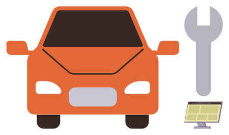 Red car beside a wrench and digital screen highlighting automotive repair, diagnostics, and maintenance. Ideal for car service, auto repair, technology, diagnostics, mechanics, engineering simpleのイラスト素材