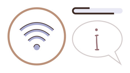 wireless signal icon inside a circle, speech bubble with an info symbol, and loading bar. Ideal for communication, technology, internet connection, information sharing, digital accessibility, techのイラスト素材
