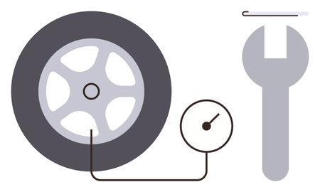 Car tire connected to pressure gauge, large wrench beside. Ideal for auto care, tire service, maintenance, safety, mechanical repair, tools and efficiency concepts. Minimal flat metaphorのイラスト素材