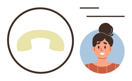 Phone receiver icon inside a circle paired with smiling female representative. Ideal for communication, support, helpline, client interaction, teamwork, assistance, simple flat metaphorのイラスト素材