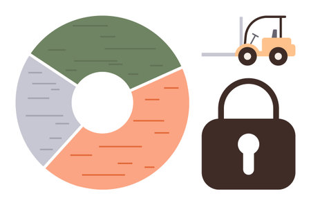 Pie chart, forklift, and lock representing data analysis, logistics, security, and confidentiality. Ideal for statistics, logistics, safety access control privacy operations and data managementのイラスト素材