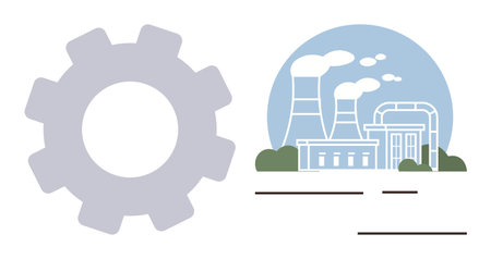 Gear with industrial factory emitting smoke from chimneys, emphasizing industry, engineering, and production. Ideal for manufacturing, innovation, technology, energy, automation industryのイラスト素材