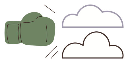 Green boxing glove striking gray and black clouds. Ideal for concepts thumbs up challenge, competition, effort, perseverance, motivation, ambition, and conflict. Simple flat metaphorのイラスト素材