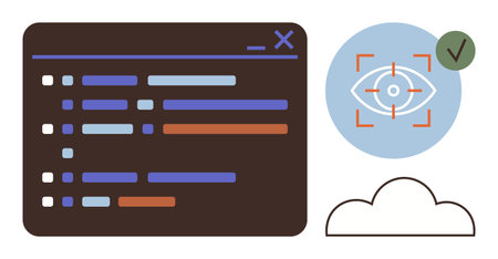 Coding panel containing lines of code, eye tracking with a checkmark, and a cloud graphic. Ideal for...