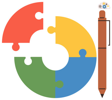 Four interconnected puzzle pieces forming a circle with a pen beside them, symbolizing brainstorming, innovation, collaboration, analytics, teamwork, productivity, strategic thinking. Idealのイラスト素材