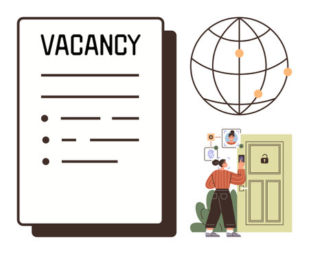 Large job vacancy page, global network symbol, person submitting application on secure online platform. Ideal for recruitment, hiring, online jobs, HR, global connections career growth. Clear simpleのイラスト素材