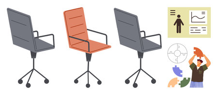 Office chairs arranged in a row, a man solving a puzzle, and a chart with data and analytics. Ideal for teamwork, problem-solving, leadership, career, planning organization collaborative effort. Aのイラスト素材