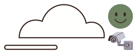 Cloud with progress bar, surveillance camera, and happy face representing data upload, security, and positive feedback. Ideal for technology, cloud computing, cybersecurity, user experience digitalのイラスト素材