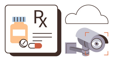 Medication bottle with RX label, pills, a surveillance camera, and a cloud backdrop. Ideal for healthcare, security, monitoring, pharmaceutical safety, data privacy pharmacy regulations digitalのイラスト素材