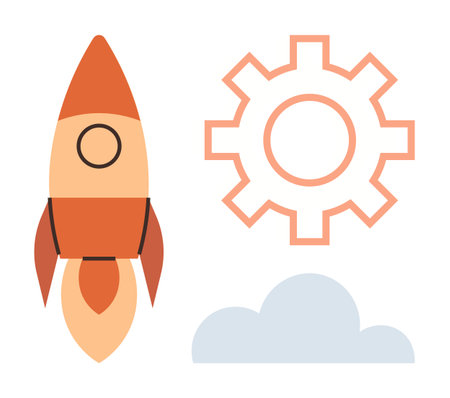 Rocket launching next to gear and cloud, symbolizing ideas thumbs up creativity, innovation, startups, progress, technology, teamwork, and development. Ideal for simple flat metaphorのイラスト素材