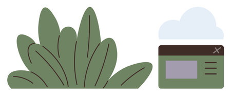 Simplistic green leaf bush beside a browser window with a minimalistic design. Ideal for eco-design,...