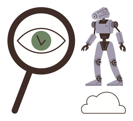 Robot standing near magnifying glass with eye and clock, representing AI, data processing, and time management. Ideal for AI, technology, automation, security, innovation data science simple flatのイラスト素材