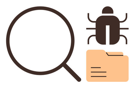 Magnifying glass examining bug and folder signifies system debugging, file analysis, or troubleshooting. Ideal for cybersecurity, software testing, quality control, problem resolution, dataのイラスト素材