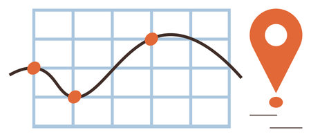 Line graph with data points on a grid alongside a prominent map pin representing analytics, location, or direction. Ideal for statistics, data tracking, mapping, business, navigation, strategyのイラスト素材