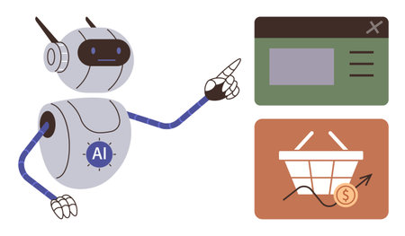 Robot labeled AI pointing to online shopping website interface and e-commerce basket icon with growth chart. Ideal for AI, automation, e-commerce, technology, digital marketing, analytics, simpleのイラスト素材