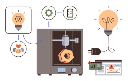 3D printer crafting object with innovation icons, lightbulb, charts, and workflow. Ideal for technology, production, creativity, engineering innovation teamwork learning. Simple flat metaphorのイラスト素材