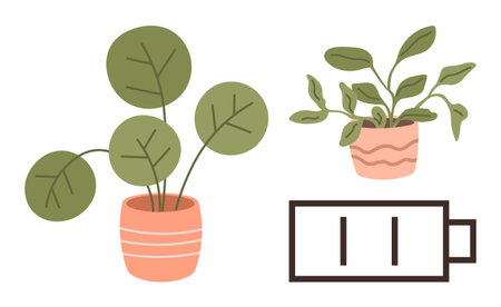 Two decorative potted plants with green leaves paired with a low battery icon. Ideal for energy, sustainability, wellness, lifestyle, nature, productivity, and balance themes. A simple flat metaphorのイラスト素材