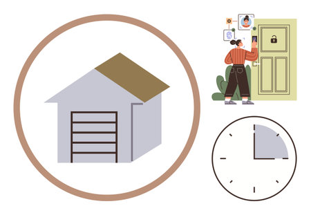 Woman uses smart lock system for secure home entry, featuring garage door, clock, and tech interface. Ideal for technology, security, automation, convenience, time management safety modern livingのイラスト素材