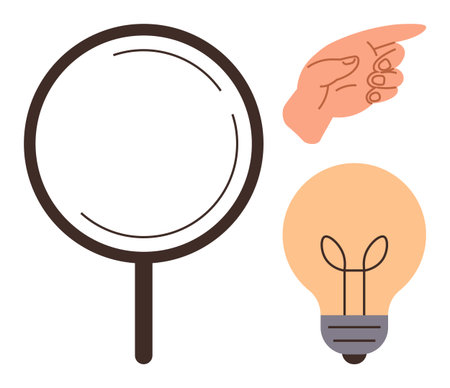 Magnifying glass for analysis, hand pointing for direction, and light bulb for innovation. Ideal for problem solving, creativity, discovery, decision-making, guidance focus education. Simple flatのイラスト素材