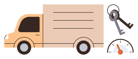 Moving truck alongside keys and speedometer emphasizing delivery, transportation, logistics, vehicle rental. Ideal for mobility, efficiency, commerce, shipping, business solutions and simple flatのイラスト素材