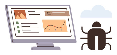 Monitor displaying data analysis with graph, image, and checklist next to a bug icon and cloud. Ideal for tech, coding, debugging, analytics, software development, problem-solving and digitalのイラスト素材