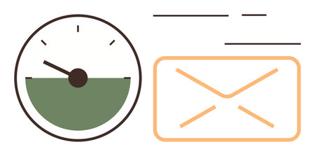 Speedometer with green meter and email envelope in simple style. Ideal for communication, speed, productivity, performance, efficiency, technology, and messaging. Clean simple flat metaphorのイラスト素材