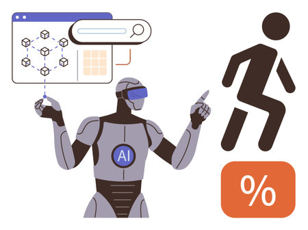 Robot with AI label interacting with a blockchain data screen, search function, human icon, and percentage symbol. Ideal for AI, data, automation, decision-making, innovation robotics technologyのイラスト素材