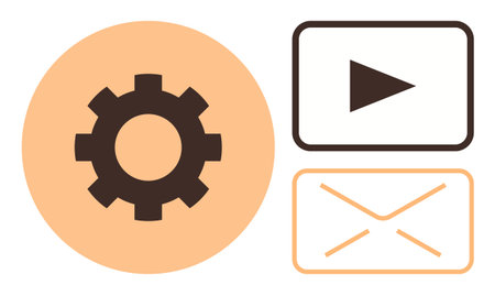 Gear indicates settings play button shows media envelope highlights communication. Ideal for technology, media, email, productivity, user interface, workflow, and teamwork. Minimalist flat metaphorのイラスト素材