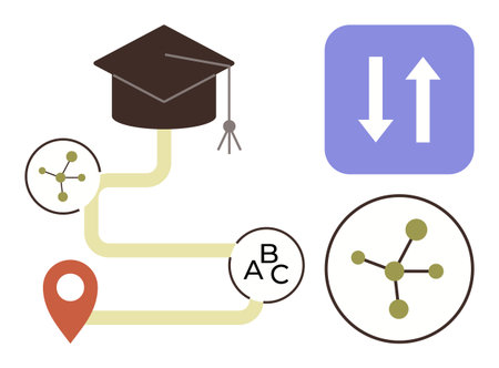 Graduation cap, academic progress path, location marker, data transfer arrows, and networking motifs. Ideal for education, career planning, learning process, data sharing goals success journeyのイラスト素材