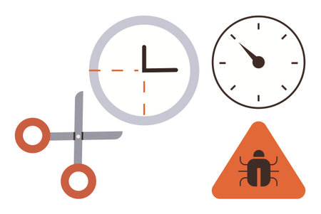 Clocks showing urgency, scissors symbolizing solutions, bug warning sign signaling errors or risks. Ideal for time efficiency, debugging, decision-making, productivity, solutions, risk mitigationのイラスト素材