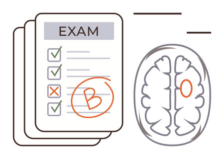 Test paper with a B grade beside a simple brain diagram, highlighting learning, evaluation, self-assessment, critical thinking, knowledge, education, and performance analysis. Ideal for simple flatのイラスト素材