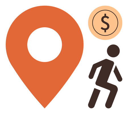Orange location pin, dollar sign in circle, walking figure. Ideal for travel, navigation, finance, earnings, mobility goals workforce. Simple flat metaphorのイラスト素材