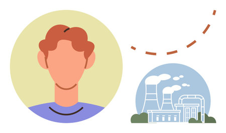 Simplistic illustration of a person profile linked to a factory emitting smoke with a dashed line. Ideal for environmental impact, industry, human connection, pollution, eco-awareness, energyのイラスト素材