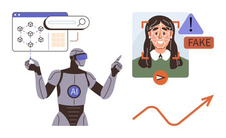 Robot with AI analyzes deepfake image, facial recognition data, detection warning, and upward trend line. Ideal for AI technology, digital ethics, cybersecurity, innovation, fraud prevention dataのイラスト素材