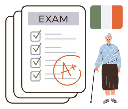 Exam papers with A grade and checklist, elderly woman with cane smiling proudly, Irish flag. Ideal for education, lifelong learning, achievement, success, motivation aging diversity. Simple flatのイラスト素材