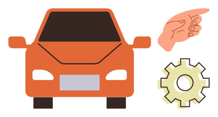 Orange car front view, hand pointing outward, and gear symbolizing technology, direction, and mechanics. Ideal for automation, navigation, innovation, repair manufacturing teamwork and precisionのイラスト素材