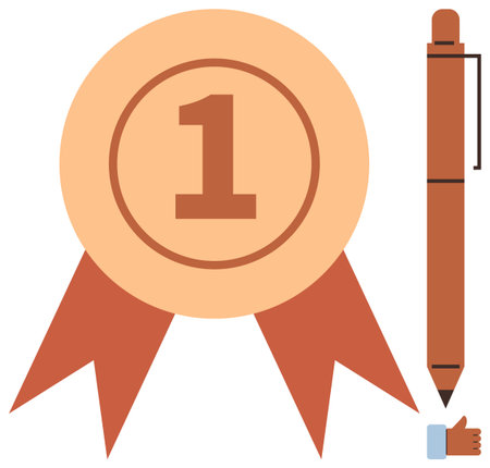 Award ribbon with number one, brown pen, thumbs-up gesture representing success, accomplishment, and approval. Ideal for achievement, recognition, celebration, education leadership competitionのイラスト素材